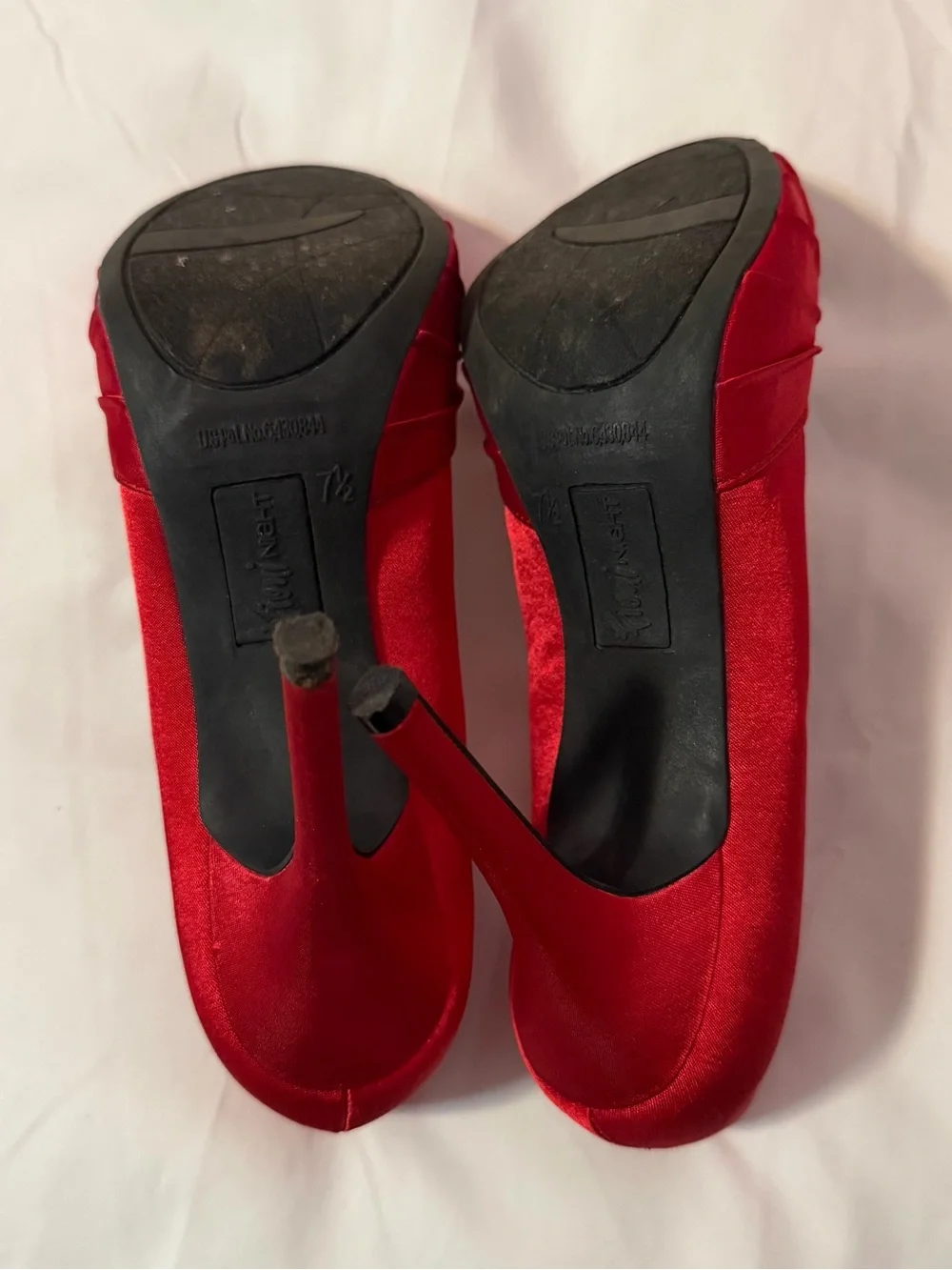 FIONI Clothing Red Satin Peep-Toe Heels with Jewel Embellishments